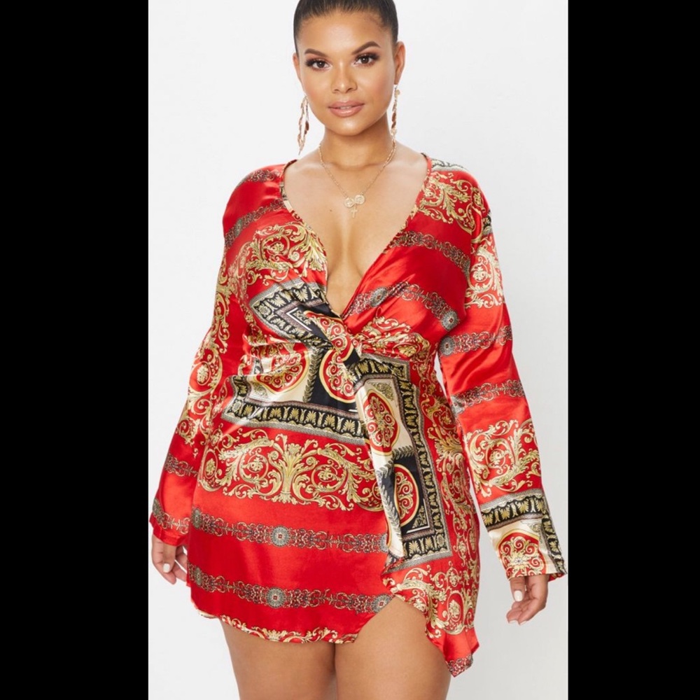Plus Red Printed Satin Long Sleeve Wrap Dress
